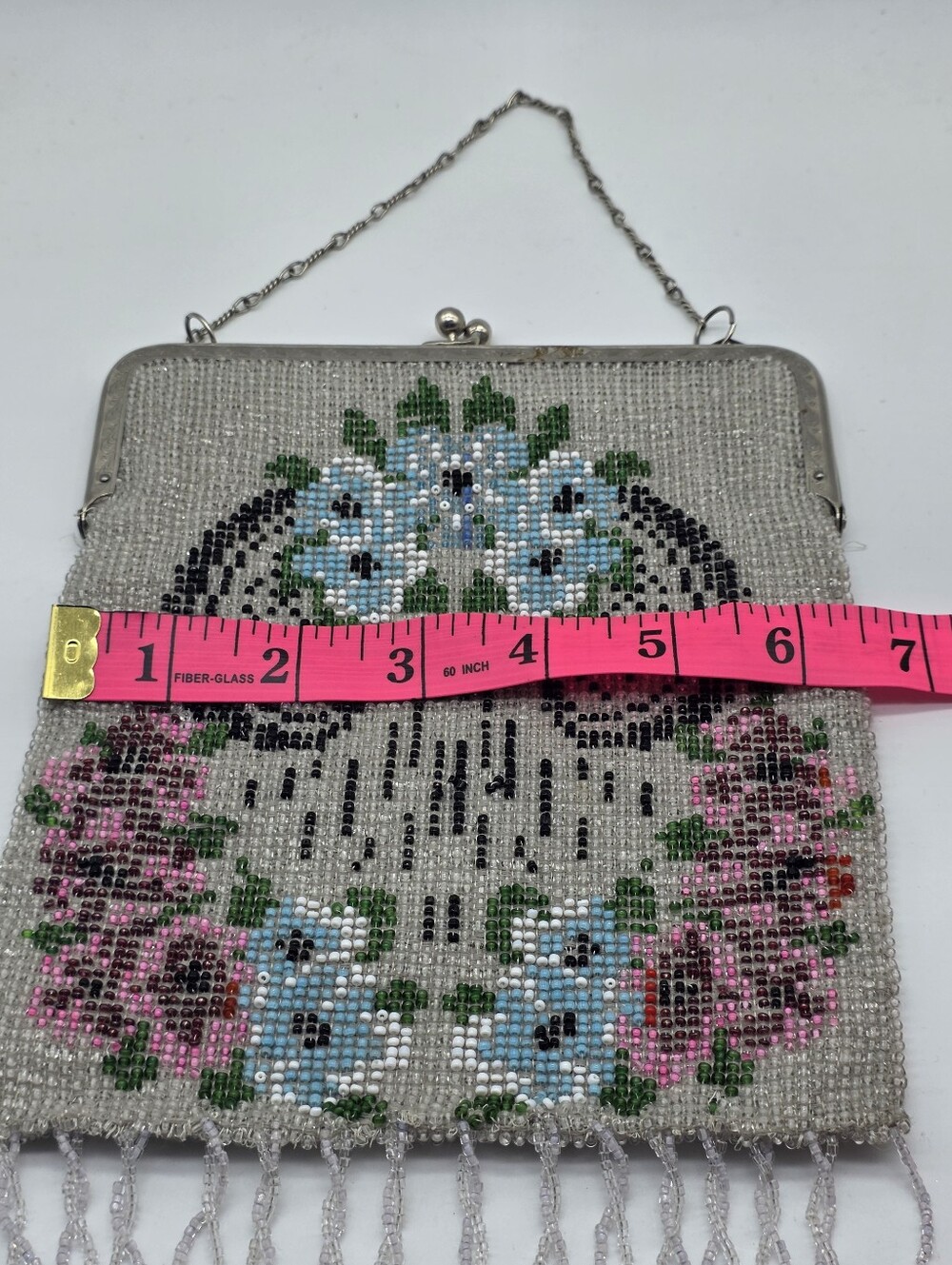 Antique Edwardian Micro Beaded Purse 1910s Floral Glass Seed Bead Evening Bag - Picture 14 of 16